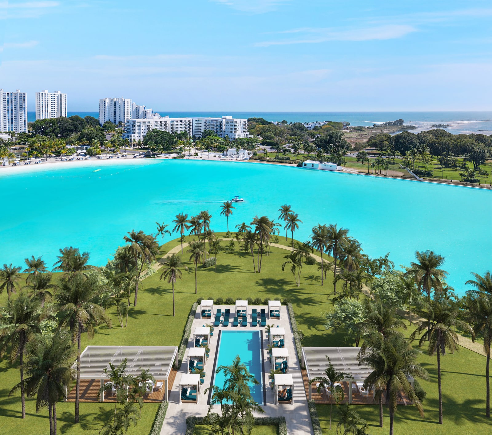 Aerial view of the pool deck and lagoon at Aquavista